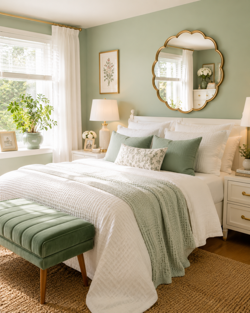 Cozy mint green bedroom with white bedding and brass accents
