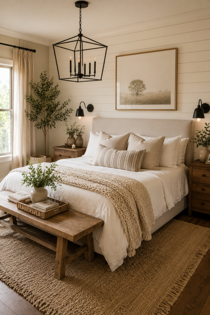 Cozy modern farmhouse bedroom with shiplap wall and chunky knit throw
