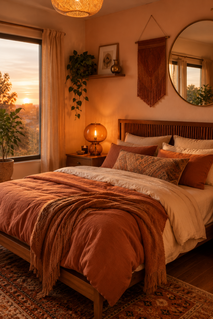 Cozy peach bedroom with terracotta bedding and warm golden light