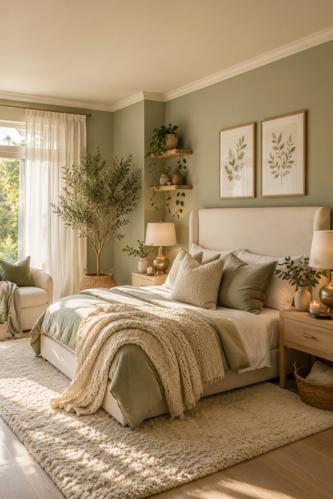 Cozy bedroom ideas featuring a blush pink bedroom with velvet headboard and layered bedding