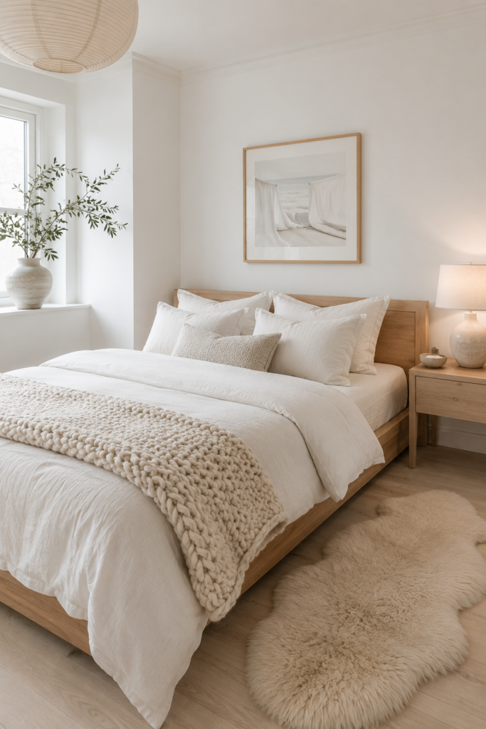 Cozy Scandinavian bedroom with white bedding and light wood furniture
