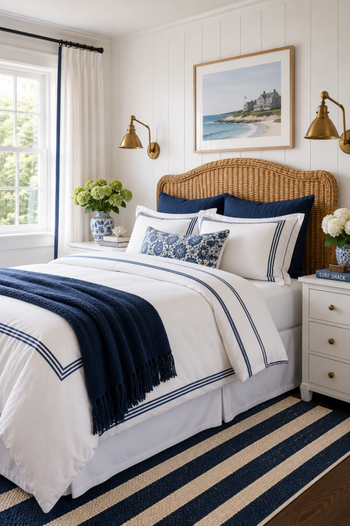 Cozy terracotta bedroom with natural wood furniture and cream bedding