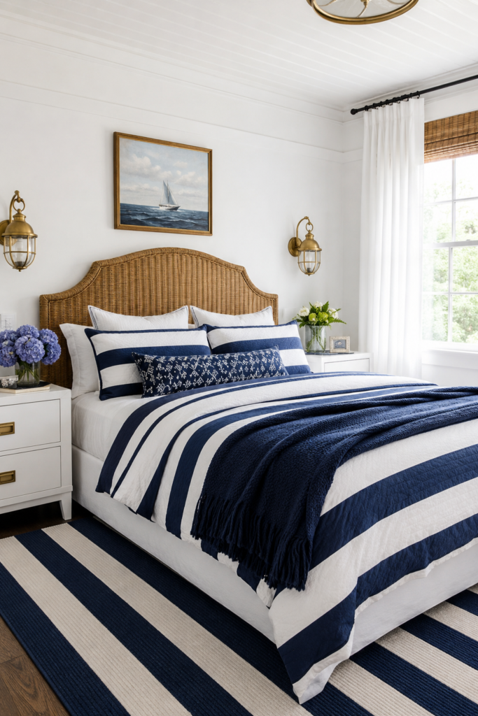Coastal Hamptons bedroom with navy striped bedding, wicker headboard, and brass accents