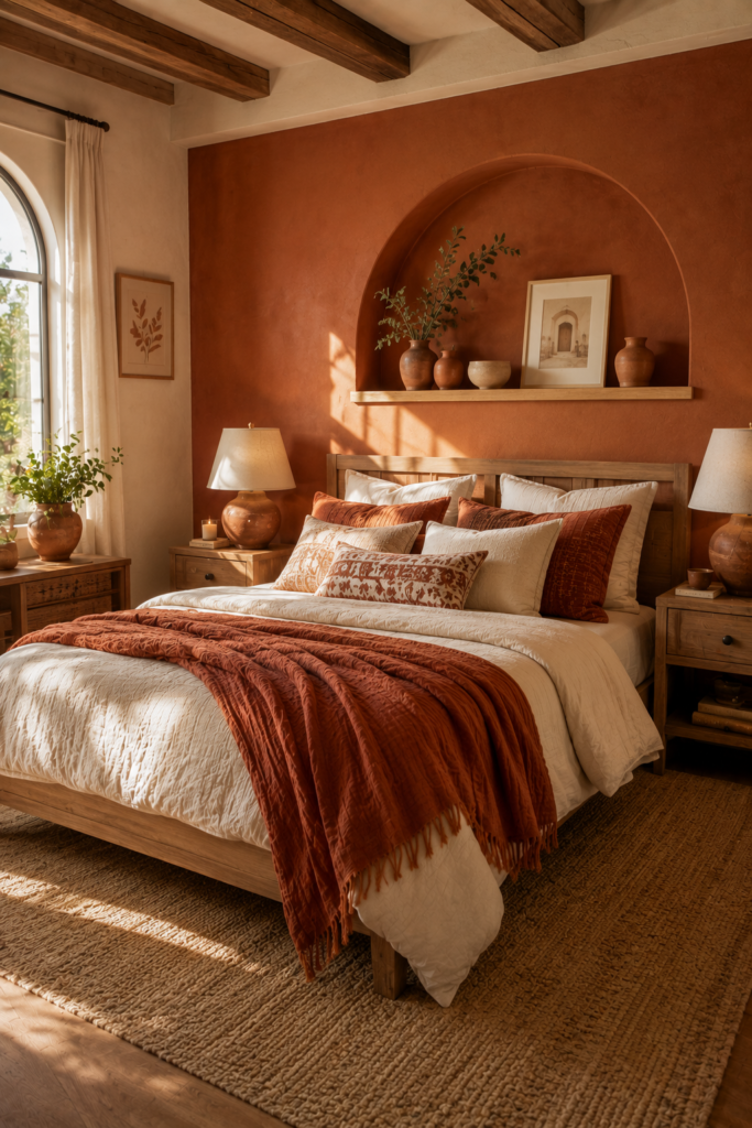 Cozy terracotta bedroom with natural wood furniture and cream bedding