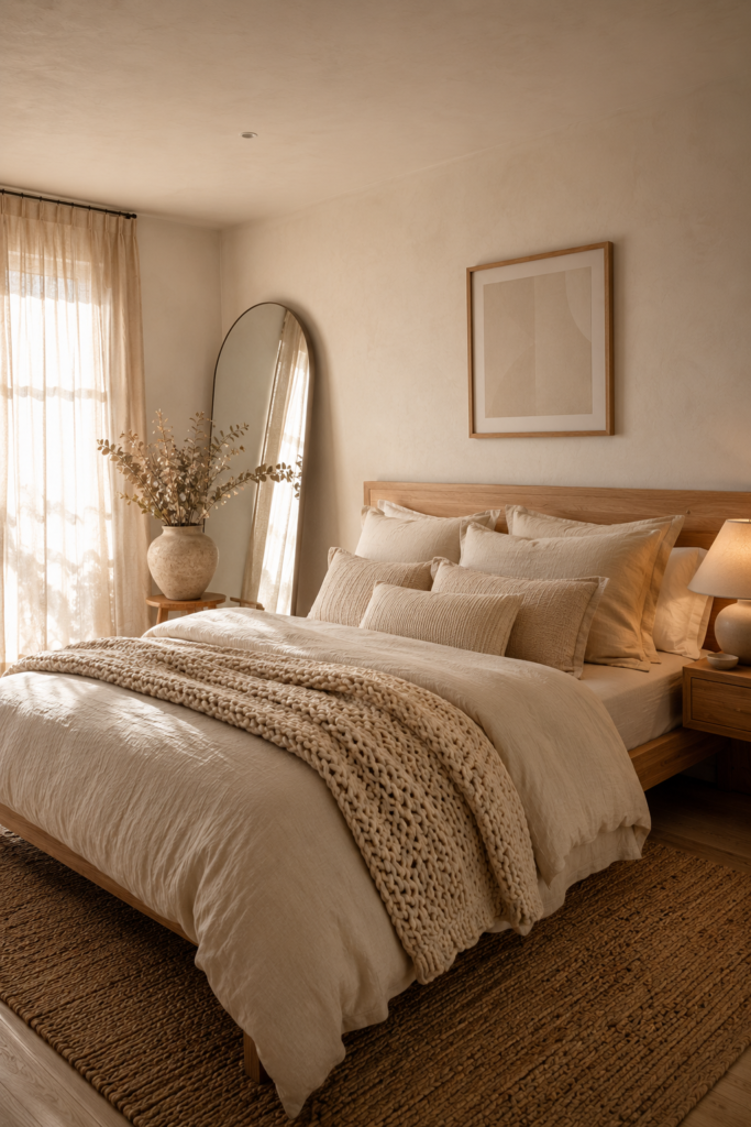 Cozy neutral bedroom with cream bedding and natural wood furniture