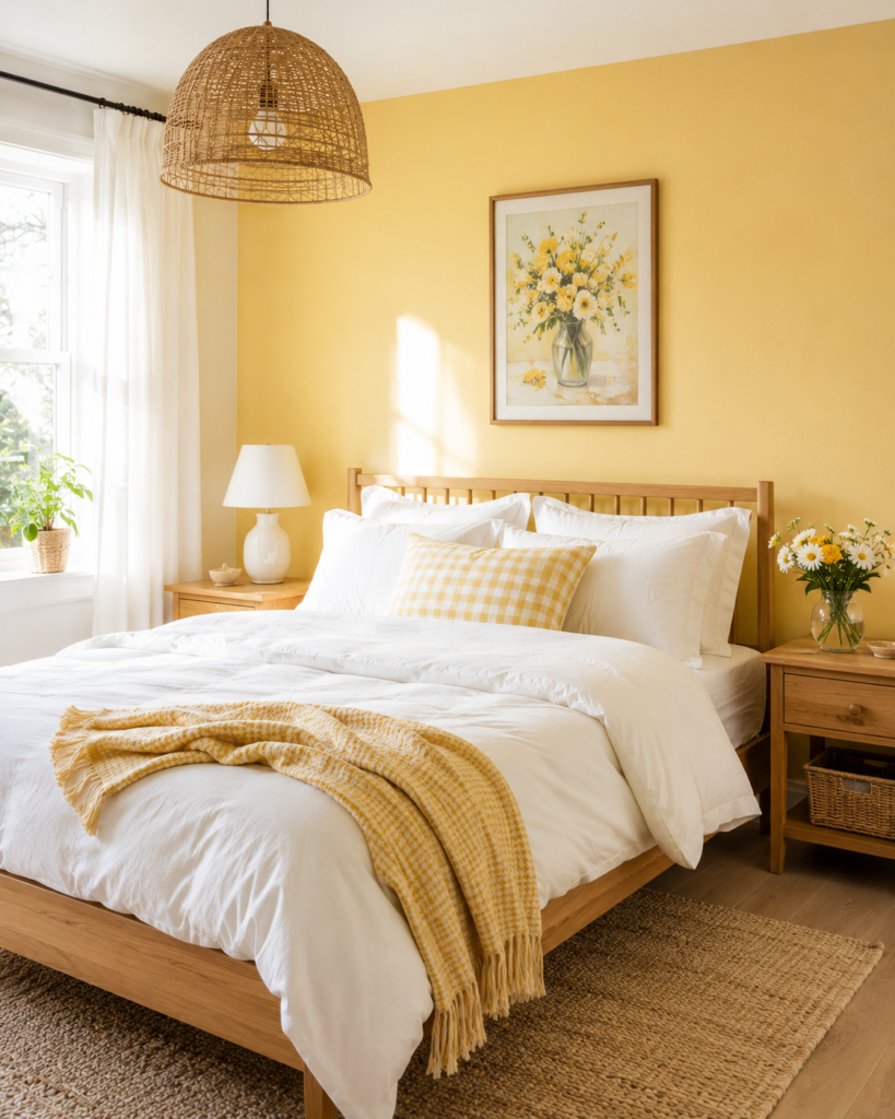 Cozy yellow bedroom with white bedding and natural wood furniture