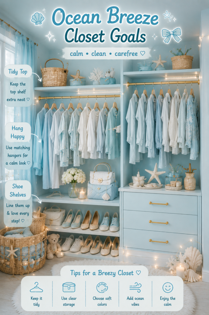 Dream closet organization ideas with coastal blue decor, white shelves, clear storage bins, and beach inspired organization