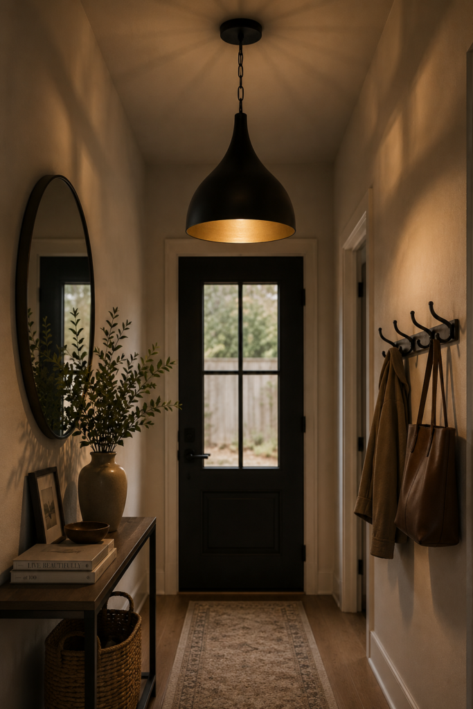 Cozy small entryway ideas styled with Amazon home decor finds including a faux olive tree, pendant light, mirror, and textured runner rug.