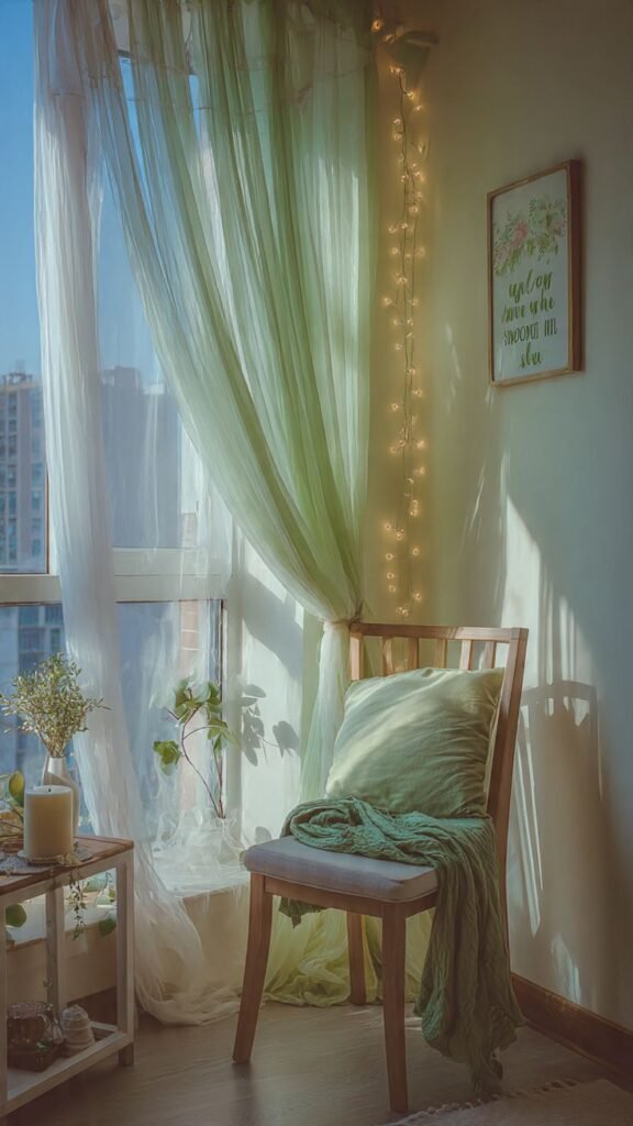 Cozy Green Window Corner Decor Ideas for small apartments and bedrooms.