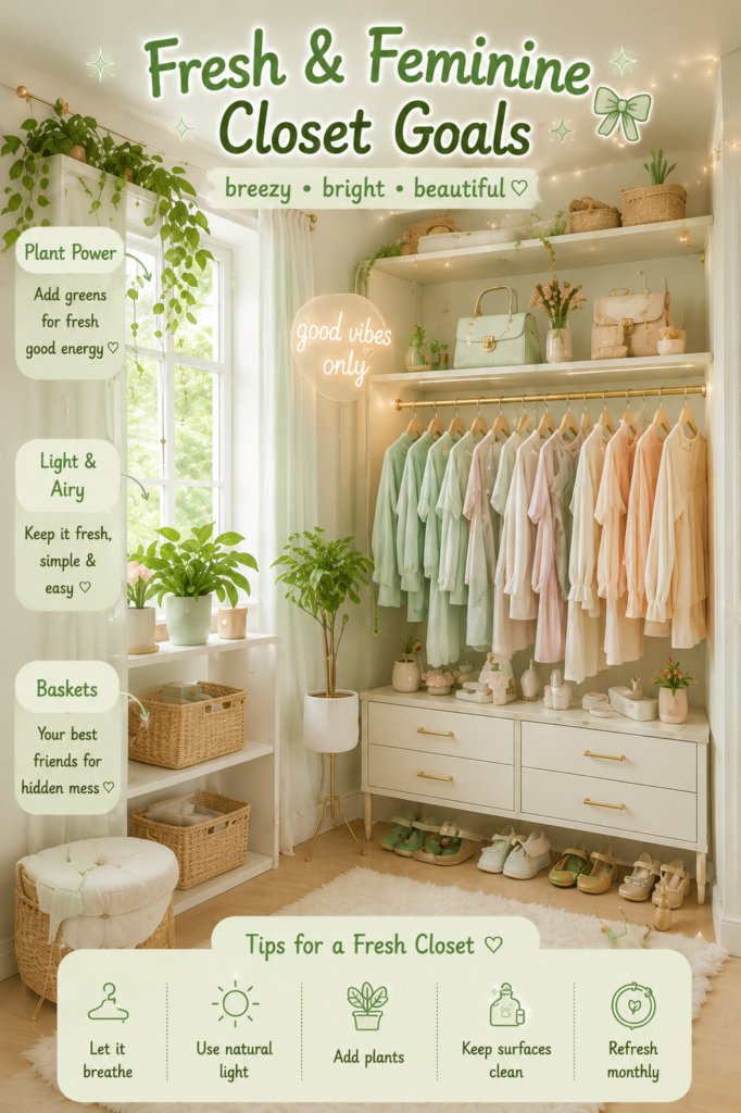 Dream closet organization ideas with sage green decor, plants, woven baskets, and natural closet organization