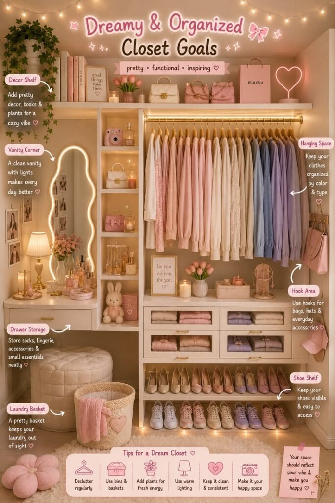 Dream closet organization ideas with a cozy pink aesthetic closet, vanity, and stylish storage inspiration