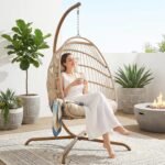 NICESOUL hanging egg chair with stand in a cozy outdoor patio corner