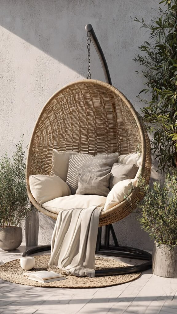 Close-up of the hanging egg chair with stand showing PE rattan weave and cushions