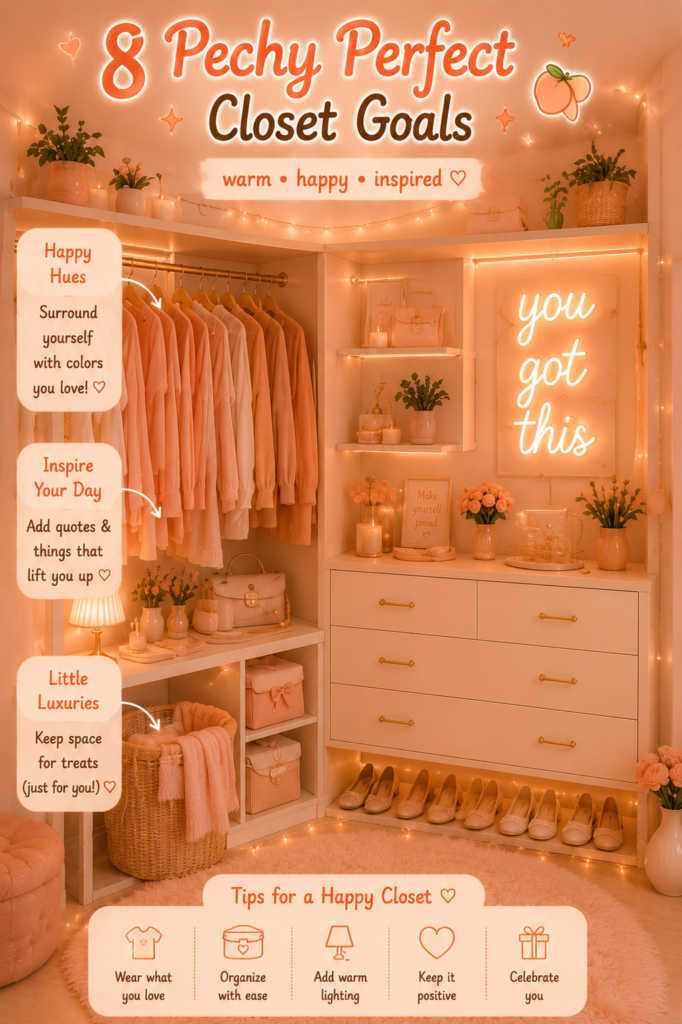 Dream closet organization ideas with peach aesthetic decor, vanity, jewelry tray, and warm LED lighting