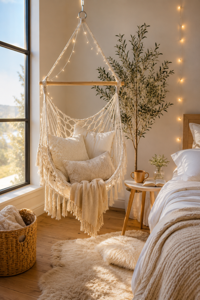 scandinavian indoor wooden hanging swing beside a large bedroom window