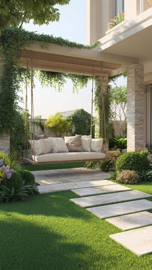 White outdoor hanging daybed swing with acacia wood frame and hemp ropes