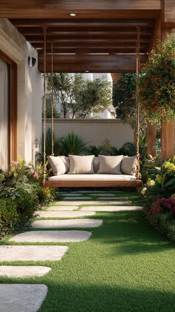 Outdoor hanging daybed swing with cozy neutral cushions in a luxury backyard patio
