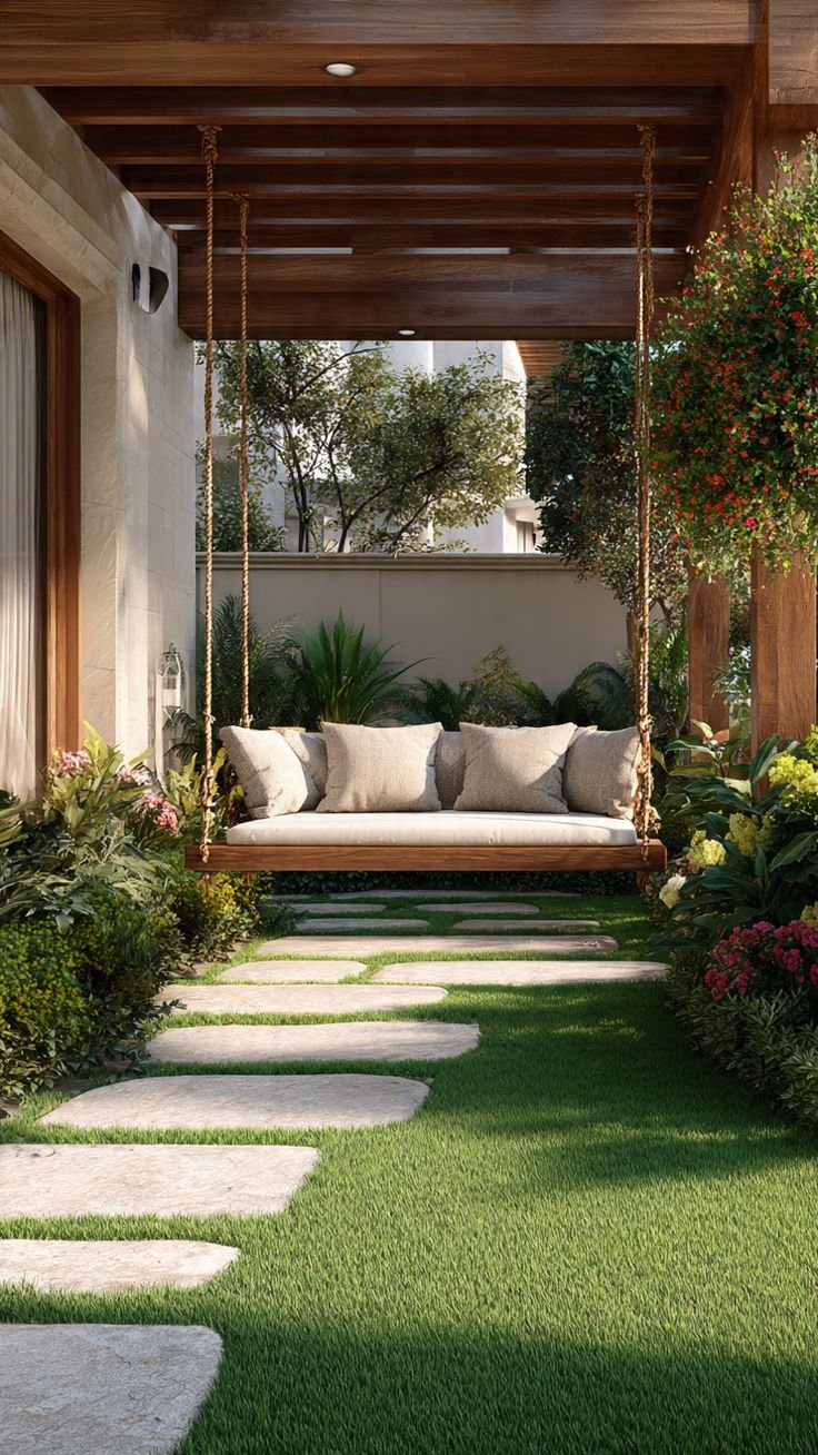 Outdoor hanging daybed swing with cozy neutral cushions in a luxury backyard patio