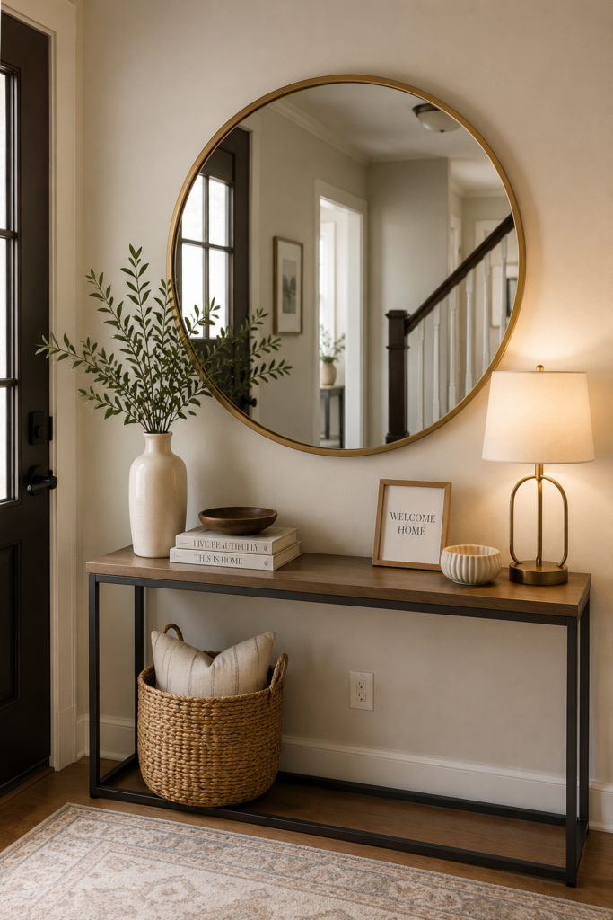 Small entryway ideas with woven storage baskets, shoe bench, wall hooks, and entryway organization for small spaces.