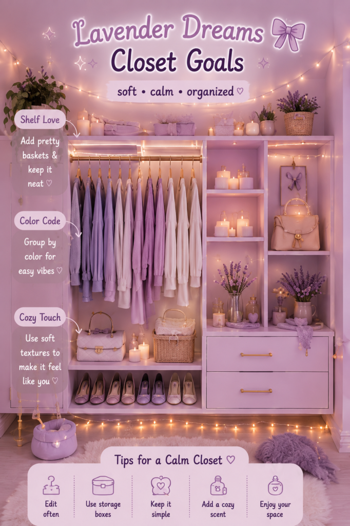 Dream closet organization ideas with a lavender-aesthetic closet, gold accents, fairy lights, and woven storage baskets