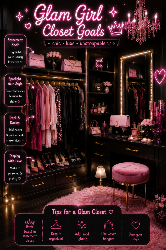 Dream closet organization ideas with a luxury black closet, crystal chandelier, LED mirror, and velvet hangers