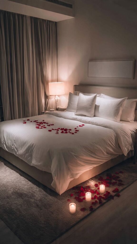 Valentine's Day bedroom decor with white bedding, romantic candles, and rose petals