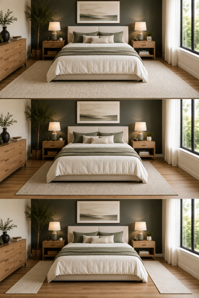 Three rug under bed placement ideas showing full coverage, partial coverage, and runner rugs in a modern bedroom