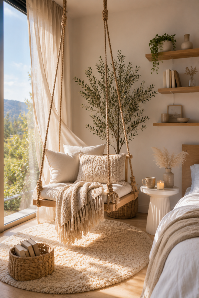 cozy indoor swing corner ideas with a wooden hanging swing