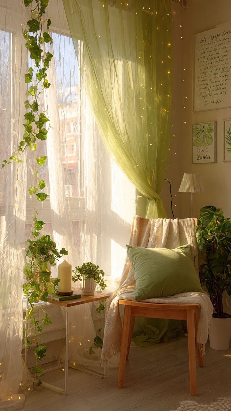 Cozy Green Window Corner Decor Ideas with sage green pillows, faux ivy lights, and a tall palm tree.