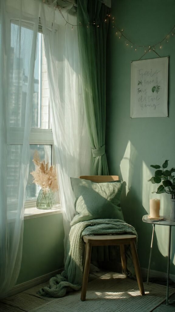 Cozy Green Window Corner Decor Ideas featuring sage green pillows and fairy lights.