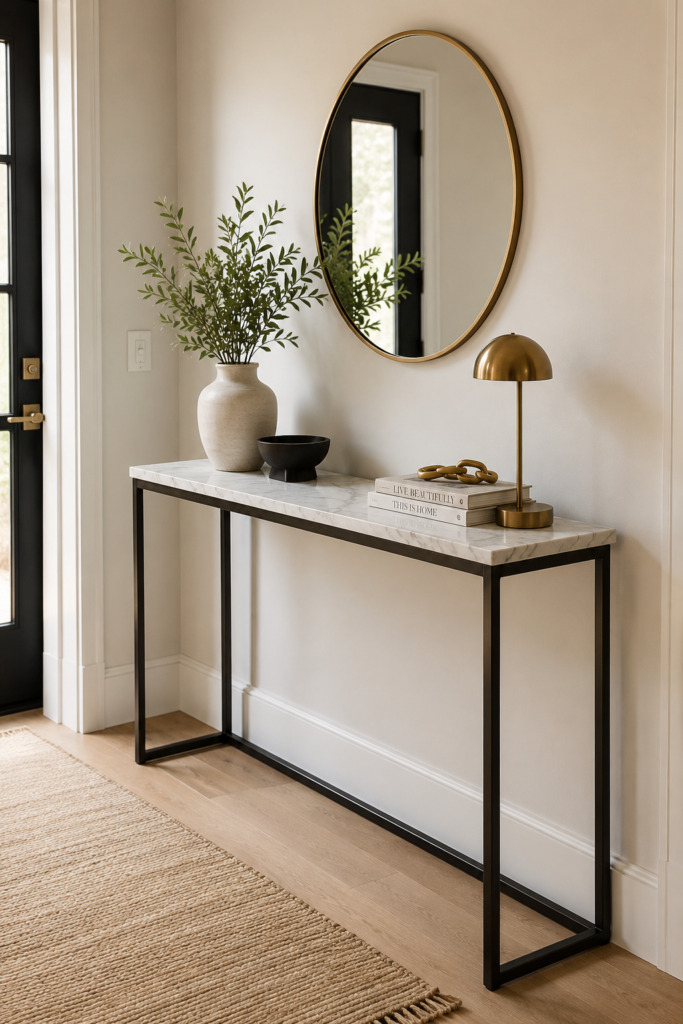 Small entryway ideas featuring a modern console table, round mirror, woven baskets, pendant lighting, and stylish home decor for a luxury first impression.