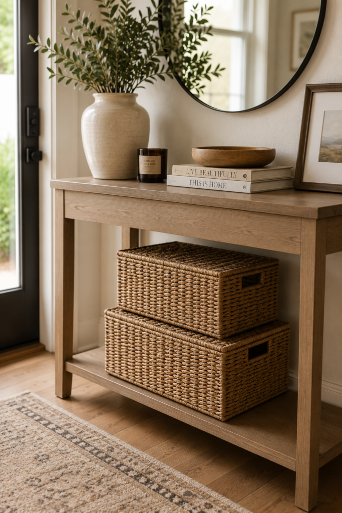 Small entryway ideas with woven storage baskets, shoe bench, wall hooks, and entryway organization for small spaces.