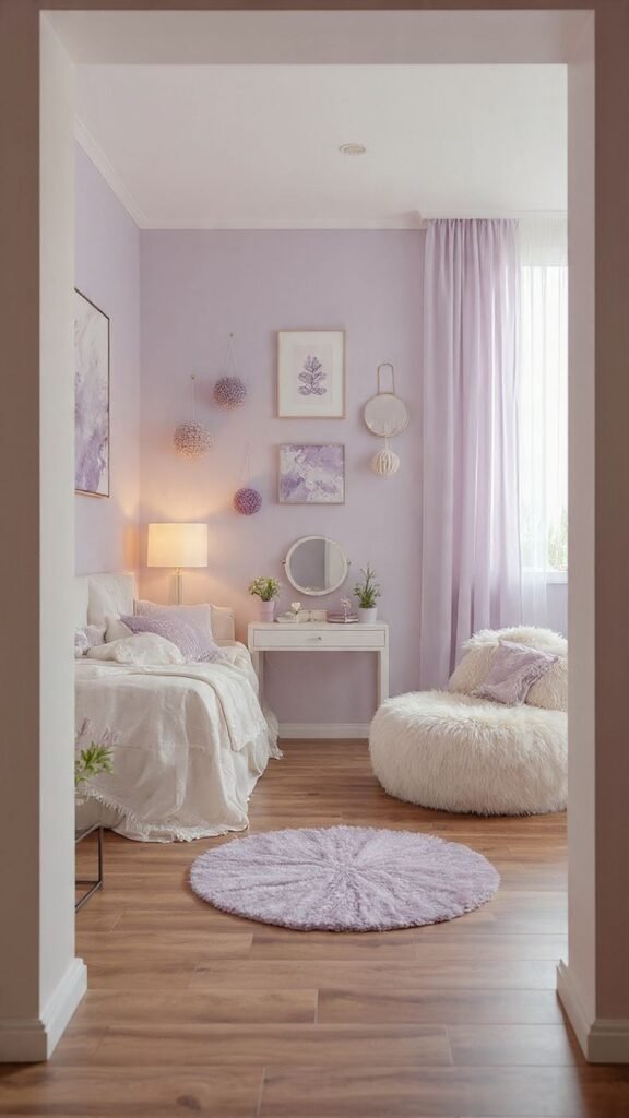 Pastel bedroom ideas for small rooms with lilac bedding, fluffy rug and cozy lighting