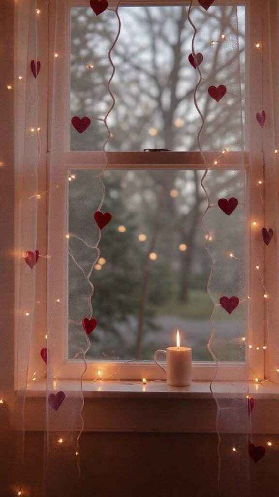 Valentine's Day bedroom decor with heart garland, warm fairy lights, and cozy window styling