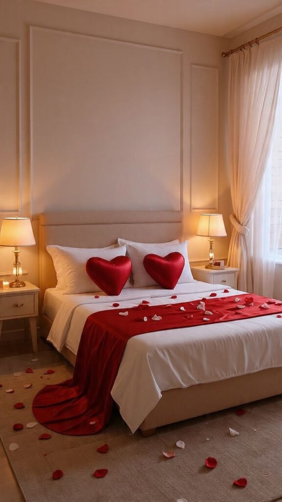 Valentine's Day bedroom decor featuring heart shaped pillows, red bed runner, and romantic rose petals
