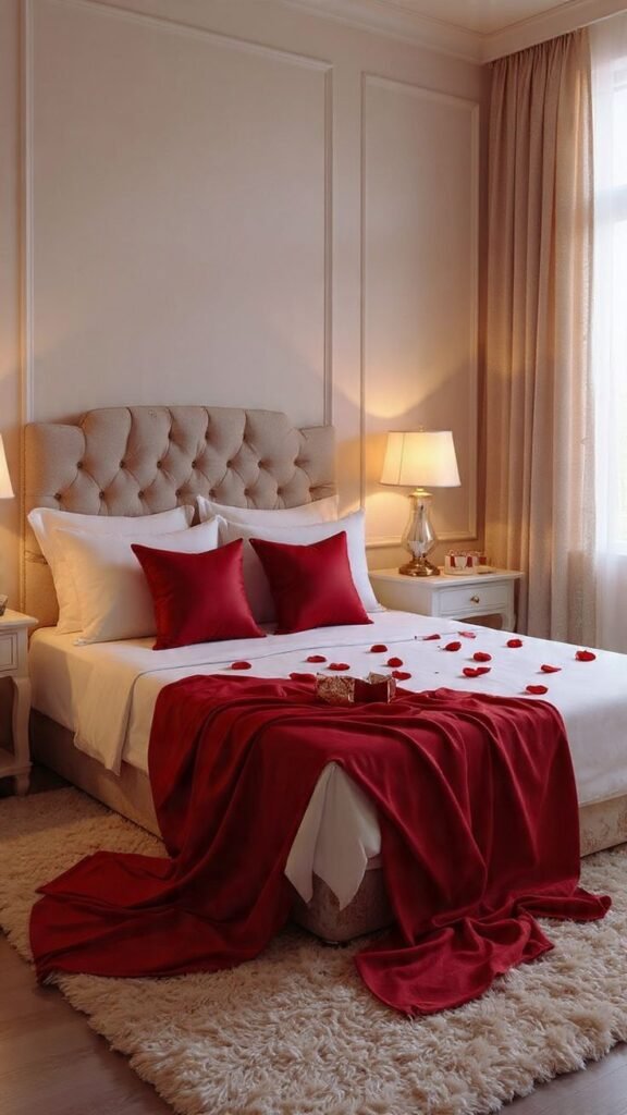 Valentine's Day bedroom decor with red velvet throw, rose petals, and cozy bedside lamps