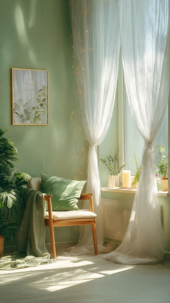Cozy Green Window Corner Decor Ideas with soft lighting and natural decor accents.