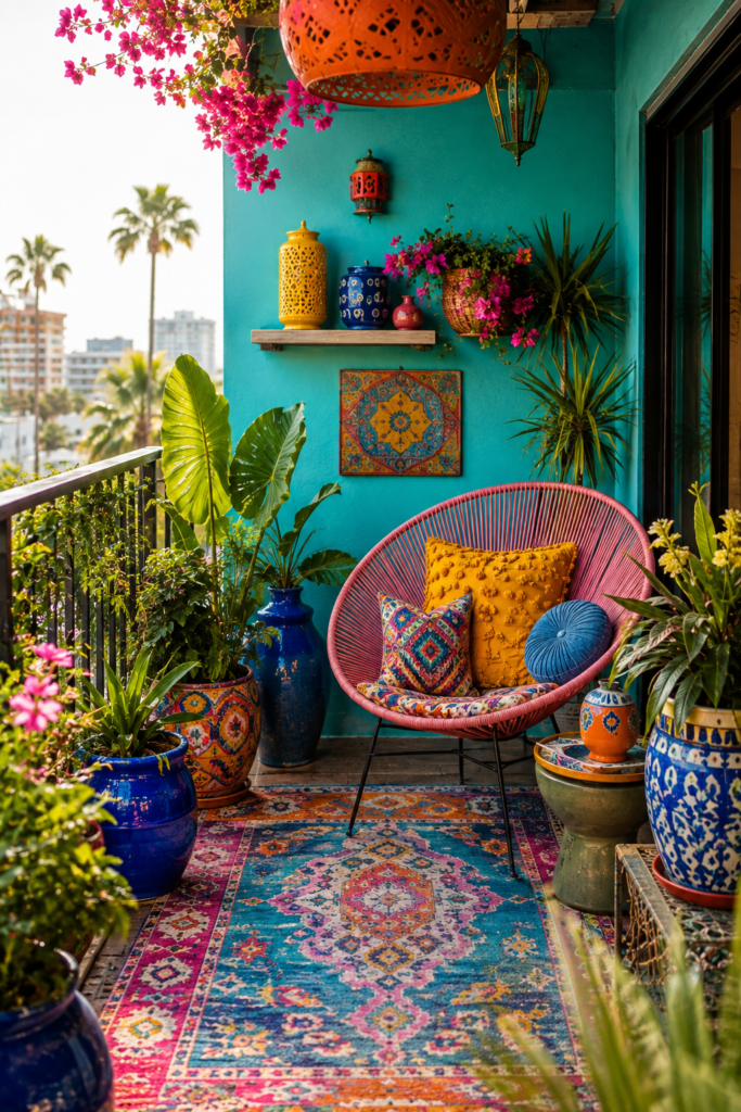 cozy small balcony decor idea with cushions, plants, and fairy lights
