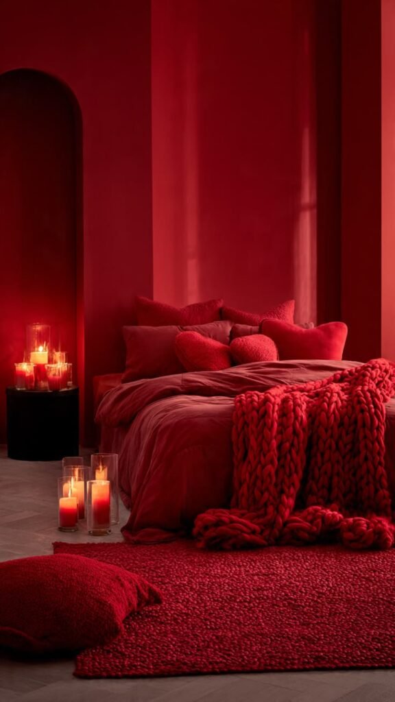 romantic bedroom ideas with deep red bedding, candles, and luxury hotel inspired decor