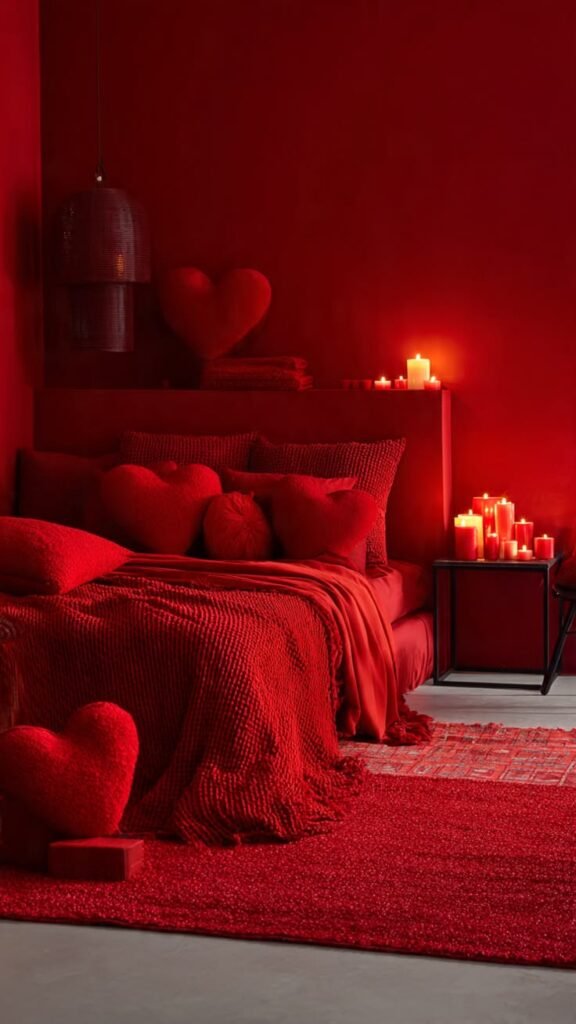 romantic bedroom ideas with deep red bedding, candles, heart shaped pillows, and cozy luxury hotel decor