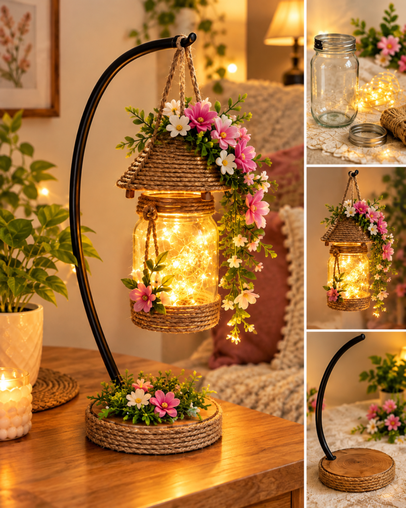 DIY mason jar lantern with warm fairy lights and rustic decor